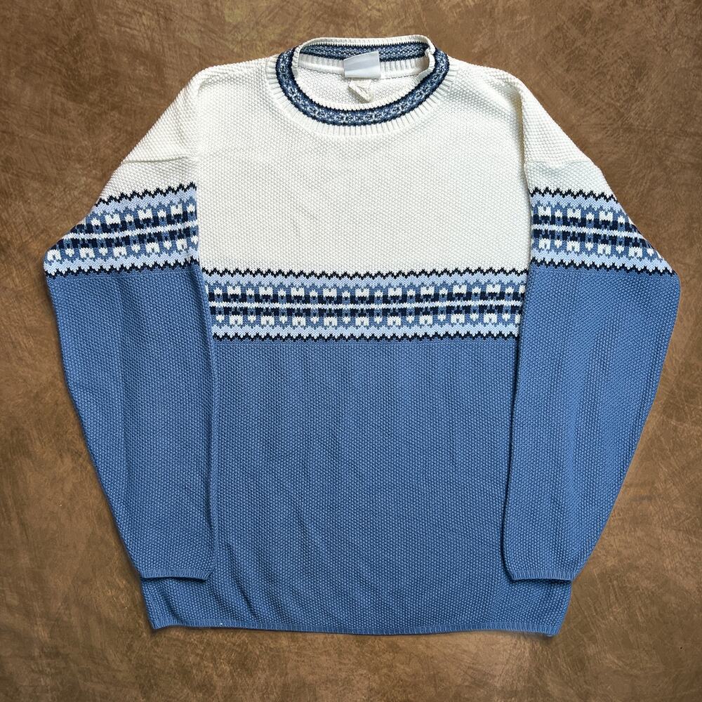 Bobbie Brooks Vintage Fair Isles Sweater Blue White Textured Knit Long Sleeve